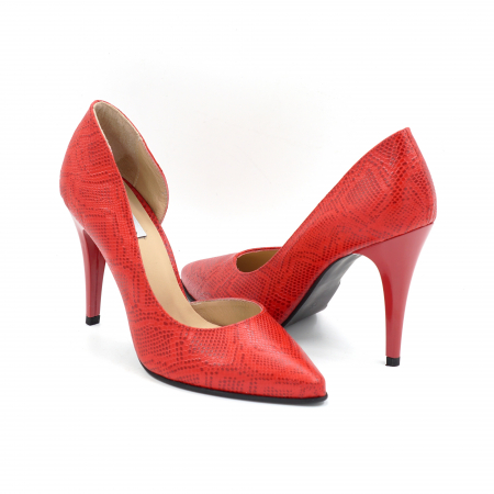 Pantofi dama - Pantofi dama din piele naturala cu imprimeu mat sarpe rosu cu varf ascutit stiletto si toc inalt subtire 10 cm 53024-4-25