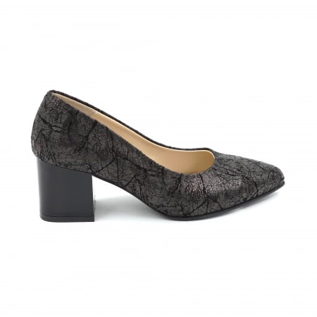 Pantofi dama - Pantofi dama din piele naturala neagra cu imprimeu cu varf ascutit stiletto si toc mic gros 6 cm 6057-15-25