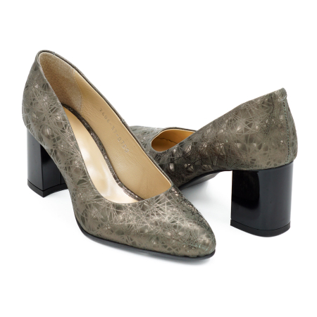 Pantofi dama din piele naturala cu imprimeu 3D olive, cu varf ascutit si toc mic gros imbracat de 6 cm 0700-5-26 [3]