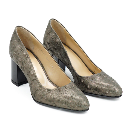 Pantofi dama din piele naturala cu imprimeu 3D olive, cu varf ascutit si toc mic gros imbracat de 6 cm 0700-5-26 [2]