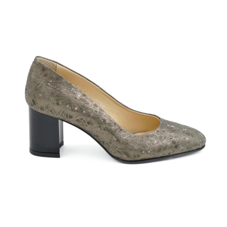Dama - Pantofi dama din piele naturala cu imprimeu 3D olive, cu varf ascutit si toc mic gros imbracat de 6 cm 0700-5-26
