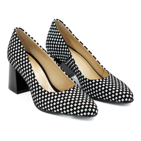 Pantofi dama din piele naturala cu imprimeu negru cu alb, cu varf ascutit si toc mic gros de 6 cm 0700-8-26 [2]