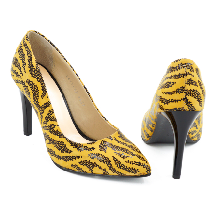 Pantofi dama din piele naturala galben mustar cu imprimeu negru cu varf ascutit stiletto si toc inalt subtire de 9 cm 9557-5-26 [4]