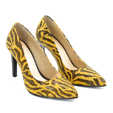 Pantofi dama din piele naturala galben mustar cu imprimeu negru cu varf ascutit stiletto si toc inalt subtire de 9 cm 9557-5-26 [2]