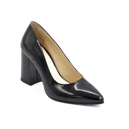 Pantofi dama din piele naturala lacuita neagra, cu varf ascutit stiletto si toc mediu gros de 8 cm 8057-11-26 [1]