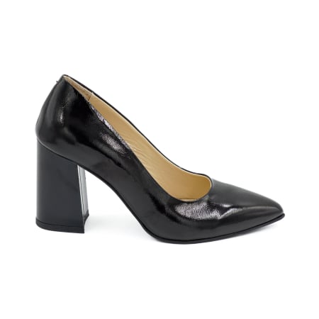 Pantofi elegant & office dama - Pantofi dama din piele naturala lacuita neagra, cu varf ascutit stiletto si toc mediu gros de 8 cm 8057-11-26