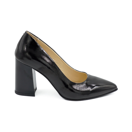 Pantofi dama - Pantofi dama din piele naturala lacuita neagra, cu varf ascutit stiletto si toc mediu gros de 8 cm 8057-11-26