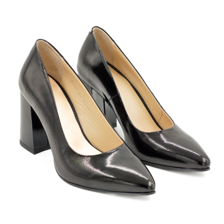Pantofi dama din piele naturala lacuita neagra, cu varf ascutit stiletto si toc mediu gros de 8 cm 8057-11-26 [2]