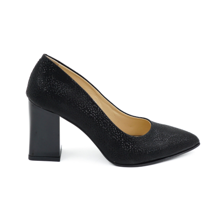 Pantofi dama - Pantofi dama din piele naturala cu imprimeu negru, cu varf ascutit stiletto si toc mediu gros de 8 cm 8057-10-26