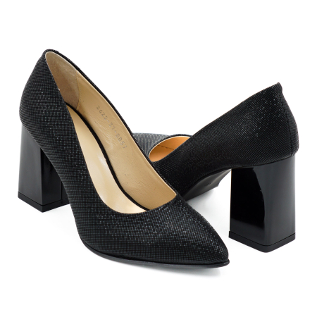 Pantofi dama din piele naturala cu imprimeu negru, cu varf ascutit stiletto si toc mediu gros de 8 cm 8057-10-26 [3]