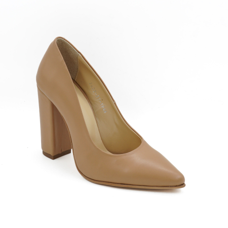 Pantofi dama din piele naturala bej inchis, cu varf ascutit stiletto si cu toc inalt gros imbracat de 10 cm 1046-26 [1]