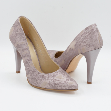 Pantofi dama din piele naturala cu imprimeu roz sidefat, cu varf ascutit stiletto si cu toc inalt subtire de 10 cm 1046-1-26 [3]
