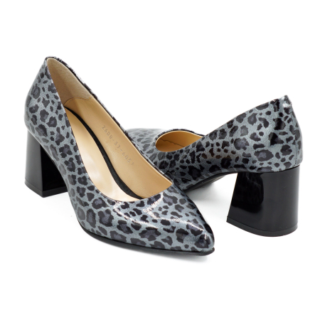 Pantofi dama din piele naturala lacuita gri cu imprimeu leopard, cu varf ascutit stiletto si toc mic gros de 6 cm 6057-2-26 [3]