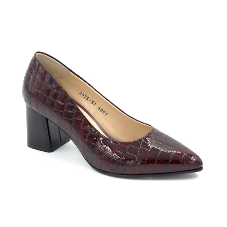Pantofi dama din piele naturala lacuita croco visiniu cu varf ascutit  stiletto si toc mic gros de 6 cm 6057-7-25 [1]