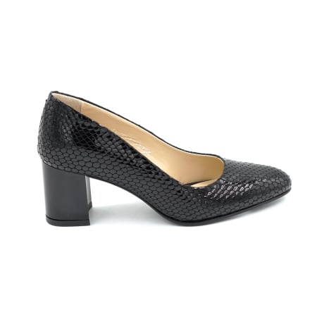 Lichidare stocuri - Pantofi dama din piele naturala lacuita croco negru cu varf ascutit si toc mic gros de 6 cm 0700-2-26