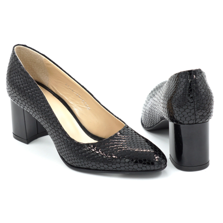 Pantofi dama din piele naturala lacuita croco negru cu varf ascutit si toc mic gros de 6 cm 0700-2-26 [4]