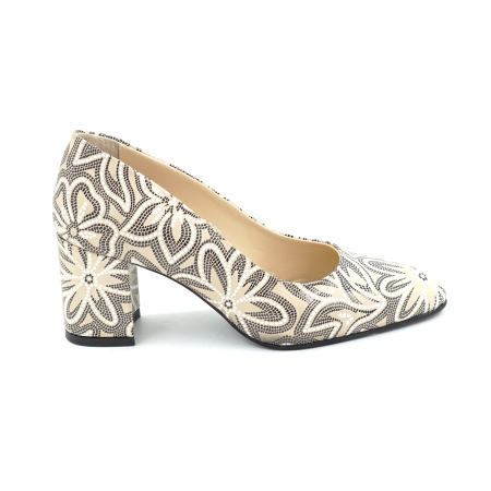 Pantofi dama - Pantofi dama din piele naturala nude bej cu imprimeu, cu varf ascutit si toc mic gros imbracat de 6 cm 0700-26