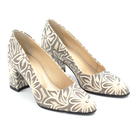 Pantofi dama din piele naturala nude bej cu imprimeu, cu varf ascutit si toc mic gros imbracat de 6 cm 0700-26 [2]