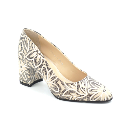 Pantofi dama din piele naturala nude bej cu imprimeu, cu varf ascutit si toc mic gros imbracat de 6 cm 0700-26 [1]