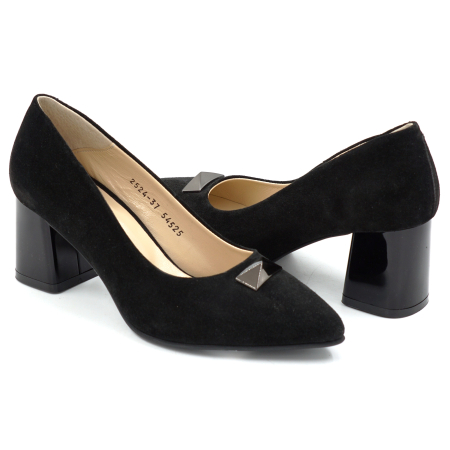 Pantofi dama - Pantofi dama din piele naturala intoarsa neagra cu varf ascutit stiletto si toc mc gros de 6 cm 54525-25
