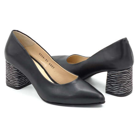 Pantofi dama din piele naturala neagra si cu imprimeu dungi cu varf ascutit stiletto si toc mic gros imbracat de 6 cm 6057-9-25 [3]
