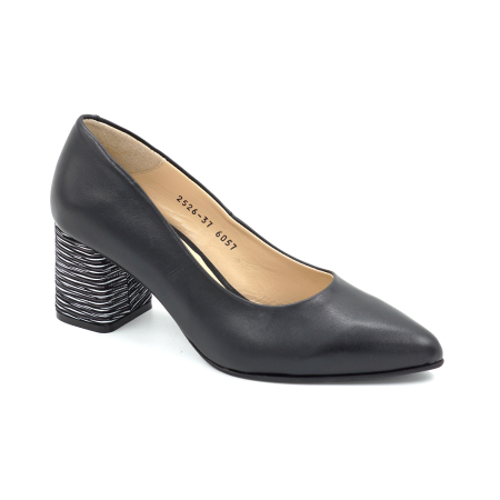 Pantofi dama din piele naturala neagra si cu imprimeu dungi cu varf ascutit stiletto si toc mic gros imbracat de 6 cm 6057-9-25 [1]
