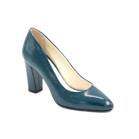 Pantofi dama din piele naturala lacuita verde inchis cu varf ascutit si toc mediu gros de 8 cm 0449-1-24 [1]