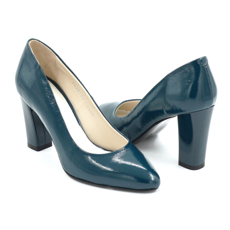 Pantofi dama din piele naturala lacuita verde inchis cu varf ascutit si toc mediu gros de 8 cm 0449-1-24 [3]