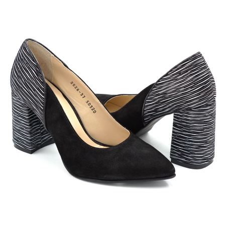 Pantofi dama din piele naturala intoarsa neagra si cu imprimeu dungi albe cu varf ascutit stiletto si toc mediu gros imbracat de 8 cm 50320-25 [3]