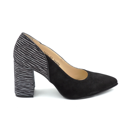 Pantofi dama - Pantofi dama din piele naturala intoarsa neagra si cu imprimeu dungi albe cu varf ascutit stiletto si toc mediu gros imbracat de 8 cm 50320-25