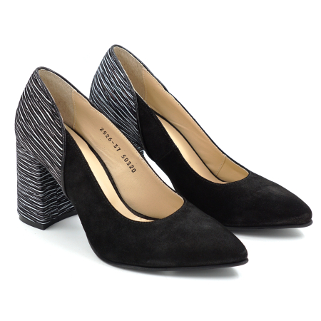 Pantofi dama din piele naturala intoarsa neagra si cu imprimeu dungi albe cu varf ascutit stiletto si toc mediu gros imbracat de 8 cm 50320-25 [2]