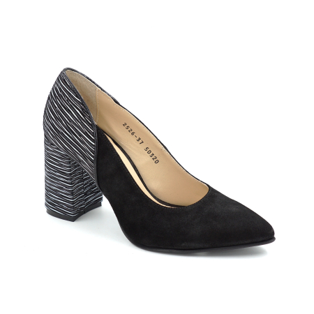 Pantofi dama din piele naturala intoarsa neagra si cu imprimeu dungi albe cu varf ascutit stiletto si toc mediu gros imbracat de 8 cm 50320-25 [1]