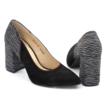 Pantofi dama din piele naturala intoarsa neagra si cu imprimeu dungi albe cu varf ascutit stiletto si toc mediu gros imbracat de 8 cm 50320-25 [4]