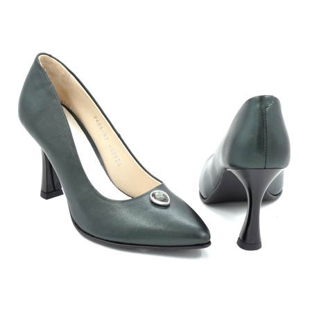 Pantofi dama  din piele naturala verde inchis sidefat cu varf ascutit stiletto si toc mediu subtire de 8 cm 52924-25 [2]