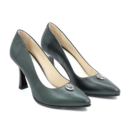 Pantofi dama  din piele naturala verde inchis sidefat cu varf ascutit stiletto si toc mediu subtire de 8 cm 52924-25 [1]