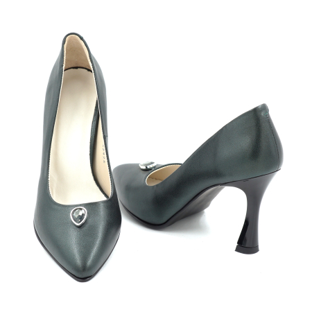 Pantofi dama  din piele naturala verde inchis sidefat cu varf ascutit stiletto si toc mediu subtire de 8 cm 52924-25 [3]