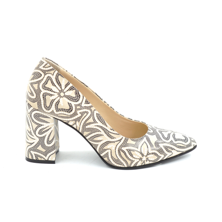 Lichidare stocuri - Pantofi dama din piele naturala nude bej cu imprimeu negru cu varf ascutit stiletto si toc mediu gros imbracat de 8 cm 8057-26