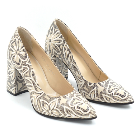 Pantofi dama din piele naturala nude bej cu imprimeu negru cu varf ascutit stiletto si toc mediu gros imbracat de 8 cm 8057-26 [2]