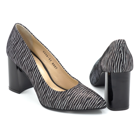 Pantofi dama din piele naturala cu imprimeu dungi albe cu varf ascutit stiletto si toc mediu gros de 8 cm 8057-10-25 [4]