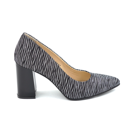 Pantofi dama - Pantofi dama din piele naturala cu imprimeu dungi albe cu varf ascutit stiletto si toc mediu gros de 8 cm 8057-10-25 - Copie