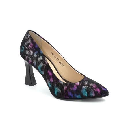 Pantofi dama din piele naturala neagra cu imprimeu multicolor cu varf ascutit stiletto si toc mediu subtire de 8 cm 8057-12-25 [1]