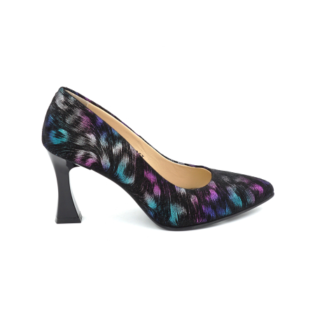 Pantofi dama - Pantofi dama din piele naturala neagra cu imprimeu multicolor cu varf ascutit stiletto si toc mediu subtire de 8 cm 8057-12-25