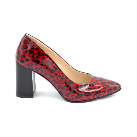 Pantofi dama - Pantofi dama din piele naturala lacuita rosie cu imprimeu leopard cu cu varf ascutit stiletto si toc mediu gros de 8 cm 8057-1-26