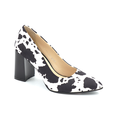 Pantofi dama din piele naturala alba cu pete negre cu varf ascutit stiletto si toc mediu gros de 8 cm 8057-26 [1]