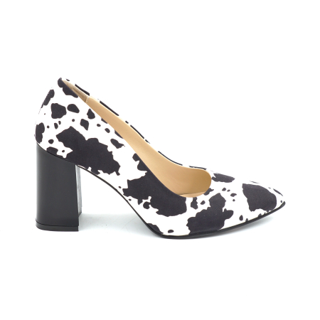 Lichidare stocuri - Pantofi dama din piele naturala alba cu pete negre cu varf ascutit stiletto si toc mediu gros de 8 cm 8057-26