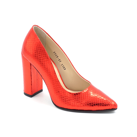 Pantofi dama din piele naturala sarpe rosu sidefat cu varf ascutit stiletto si toc inalt gros imbracat de 9 cm 1159-3-25 [1]