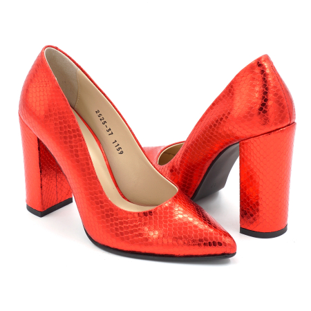 Pantofi dama din piele naturala sarpe rosu sidefat cu varf ascutit stiletto si toc inalt gros imbracat de 9 cm 1159-3-25 [3]