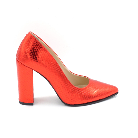 Lichidare stocuri - Pantofi dama din piele naturala sarpe rosu sidefat cu varf ascutit stiletto si toc inalt gros imbracat de 9 cm 1159-3-25