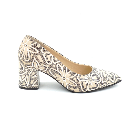 Pantofi dama - Pantofi dama din piele naturala nude bej cu imprimeu, cu varf ascutit stiletto si toc mic gros imbracat de 6 cm 6057-26