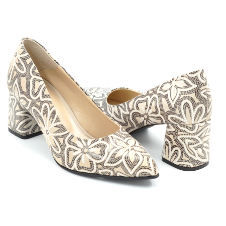 Pantofi dama din piele naturala nude bej cu imprimeu, cu varf ascutit stiletto si toc mic gros imbracat de 6 cm 6057-26 [1]
